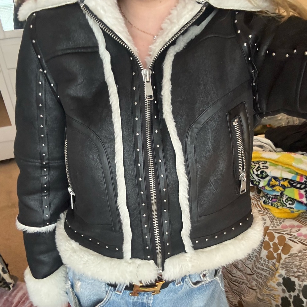 Bloomingdale's Black Leather Jacket with Shearling Trim